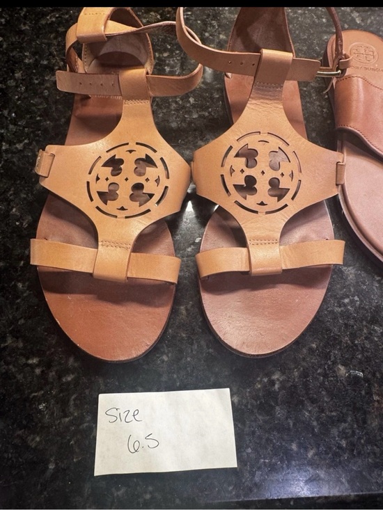 Tory Burch Shoes - Tory Burch Tan Leather Logo T-Strap Sandals
